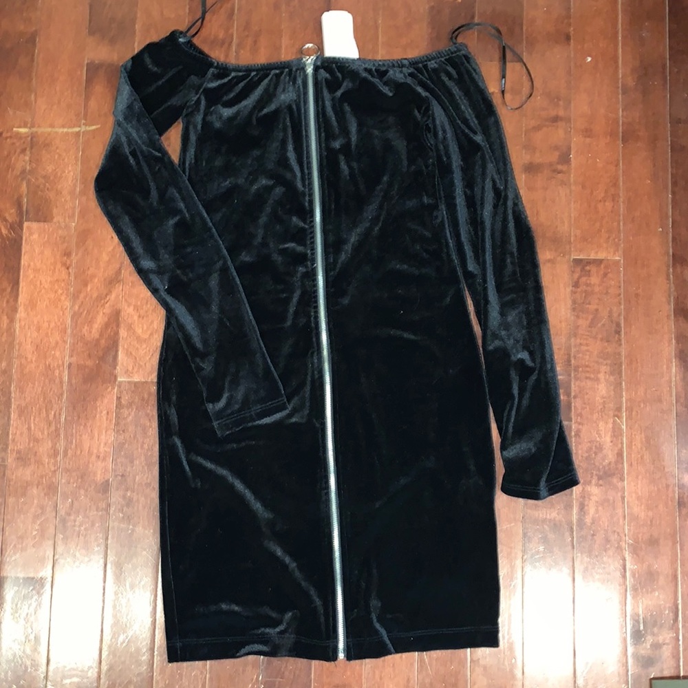 Velvet off the shoulder dress with zipper.